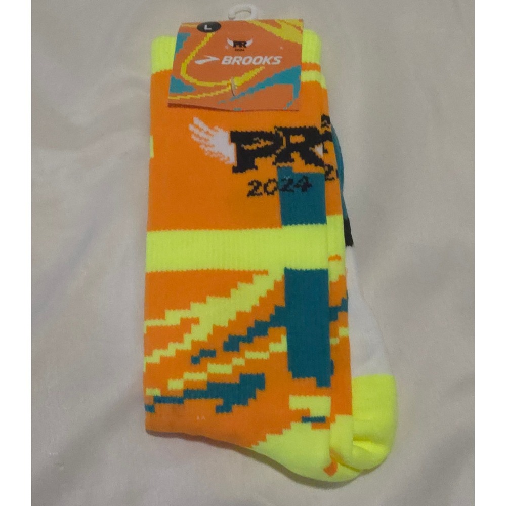 Brooks PR 2024 Athletic Crew Socks Neon Orange Yellow Teal Large NWT USA Made‎